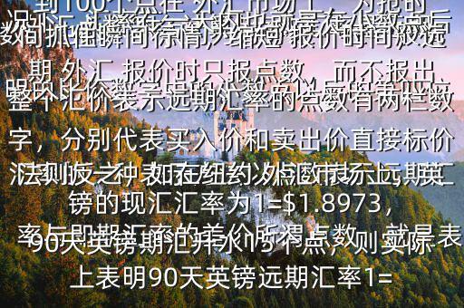  外匯點(diǎn)數(shù)怎么計(jì)算$點(diǎn)數(shù)匯率是遠(yuǎn)期匯率的一種表示方法以點(diǎn)數(shù)表示遠(yuǎn)期匯率與即期匯率的差價(jià)所謂點(diǎn)數(shù)，就是表明由比價(jià)數(shù)字中的小數(shù)點(diǎn)以后的第四位數(shù)，也即一個(gè)點(diǎn)約為萬(wàn)分之一在一般情況下，匯率在一天內(nèi)也就是在小數(shù)點(diǎn)后的三位數(shù)變動(dòng)，也即變動(dòng)幾十個(gè)點(diǎn)，不到100個(gè)點(diǎn)在 外匯市場(chǎng)上，為搶時(shí)間抓住瞬間行情，縮短 報(bào)價(jià)時(shí)間，遠(yuǎn)期 外匯 報(bào)價(jià)時(shí)只報(bào)點(diǎn)數(shù)，而不報(bào)出整個(gè)匯價(jià)表示遠(yuǎn)期匯率的點(diǎn)數(shù)有兩欄數(shù)字，分別代表買入價(jià)和賣出價(jià)直接標(biāo)價(jià)法則反之，如在紐約 外匯市場(chǎng)上，英鎊的現(xiàn)匯匯率為1=$1.8973，90天英鎊期匯升水15個(gè)點(diǎn)，則實(shí)際上表明90天英鎊遠(yuǎn)期匯率1=
